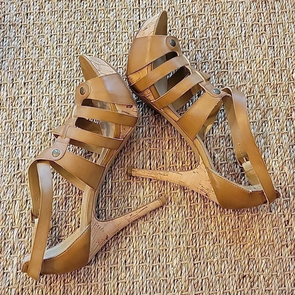 MARC FISHER brown strappy high heels.  Cork heel. Very high. Size is 7.5